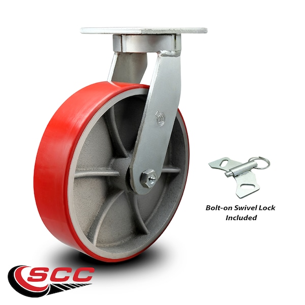 12 Inch Heavy Duty Red Poly on Cast Iron Wheel Swivel Caster with Swivel Lock